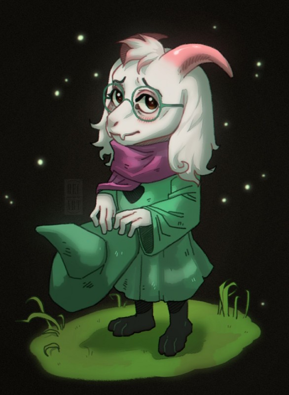 anthro barefoot biped blush clothed clothing eyewear feet floppy_ears fur glasses horn scarf solo standing white_body white_fur hecatta deltarune undertale_(series) ralsei bovid caprine darkner goat mammal 2018 full-length_portrait hi_res portrait