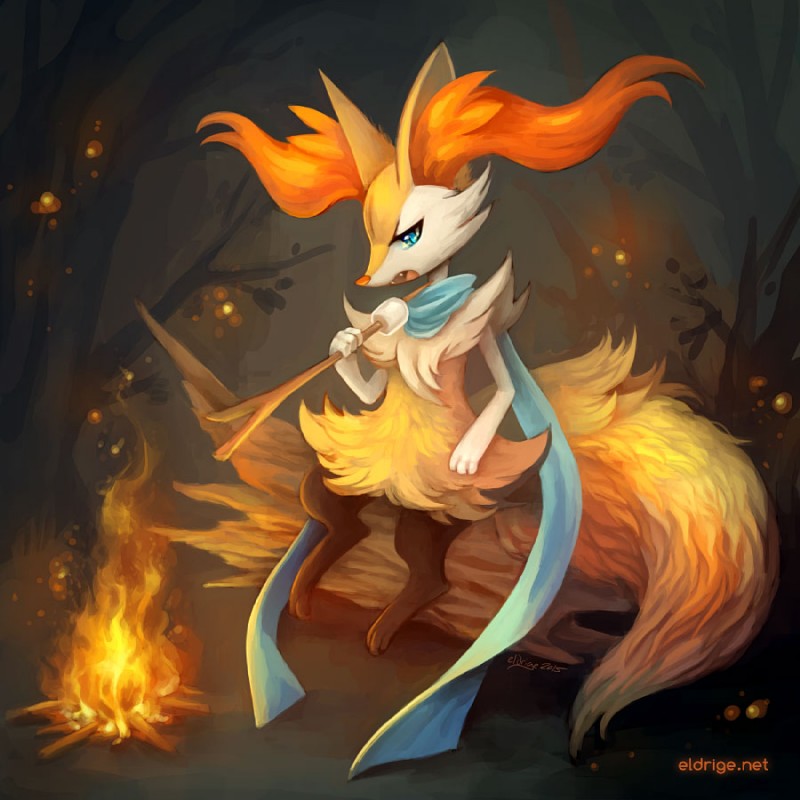 ambiguous_gender anthro big_ears biped blue_eyes camp candy dessert eating fangs fire food fur grass inner_ear_fluff log marshmallow night plant scarf semi-anthro solo stick teeth tree tuft wood eldrige nintendo pokemon braixen canid canine generation_6_pokemon mammal pokemon_(species) 1:1 2015 digital_media_(artwork) watermark