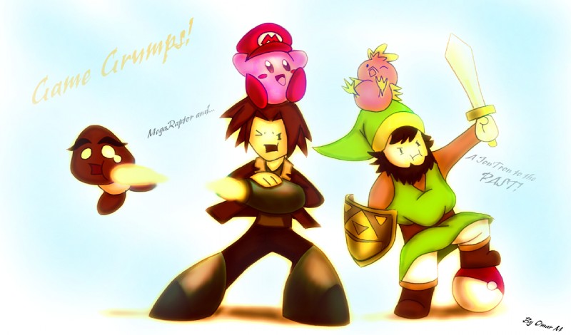 :| bottomwear clothing green_clothing green_headwear group gun happy hat headgear headwear holding_object holding_weapon kibery male melee_weapon parody pokeball ranged_weapon shield skirt standard_pokeball sword text text_on_clothing text_on_hat text_on_headwear weapon zik89 capcom game_grumps mario_bros mega_man_(series) nintendo pokemon the_legend_of_zelda arin_hanson jon_jafari link mario mega_man_(character) avian bird generation_3_pokemon human humanoid mammal pokemon_(species) torchic crossover english_text