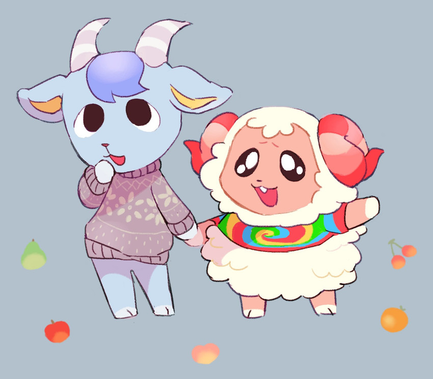 anthro blue_body blue_fur chibi duo fur hand_holding horn male wool_(fur) loveycloud animal_crossing nintendo dom_(animal_crossing) sherb_(animal_crossing) bovid caprine goat mammal sheep hi_res