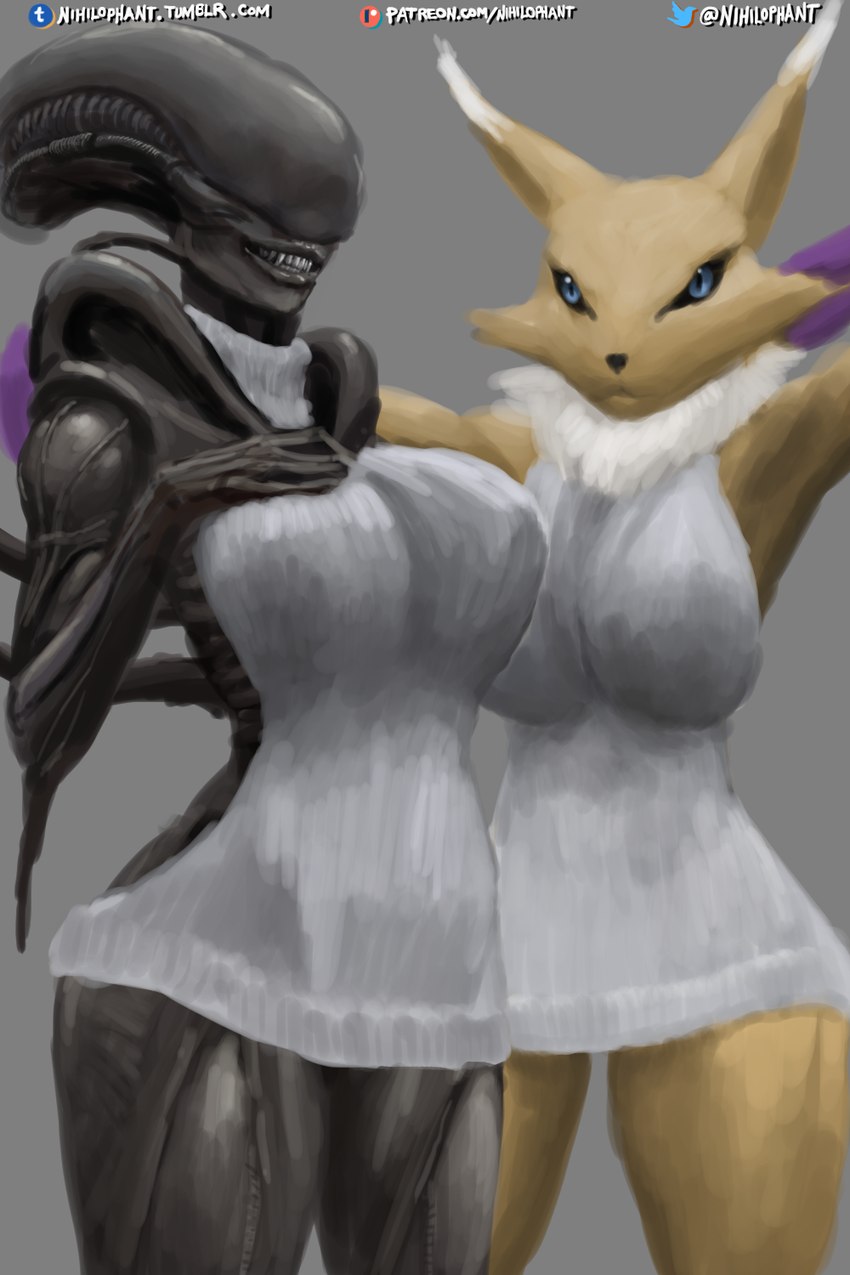 anthro belly big_breasts big_butt black_body black_skin black_tail blue_eyes breast_squish breasts breasts_frottage butt claws clothing curvy_figure dorsal_tubes duo eyeless fangs female female/female fur glistening glistening_body glistening_skin grey_background hourglass_figure humanoid_on_anthro larger_female lips long_ears looking_at_another looking_at_viewer multicolored_body multicolored_fur raised_arm seductive sharp_teeth simple_background size_difference small_waist smile snout squish standing sweater tail teasing teeth text thick_thighs topwear tube virgin_killer_sweater white_body white_fur wide_hips xenomorph_girlfriend yellow_body yellow_fur nihilophant alien_(franchise) bandai_namco digimon meme_clothing alien canid canine digimon_(species) humanoid mammal renamon xenomorph 2018 2:3 alternate_version_at_source digital_media_(artwork) hi_res meme shaded