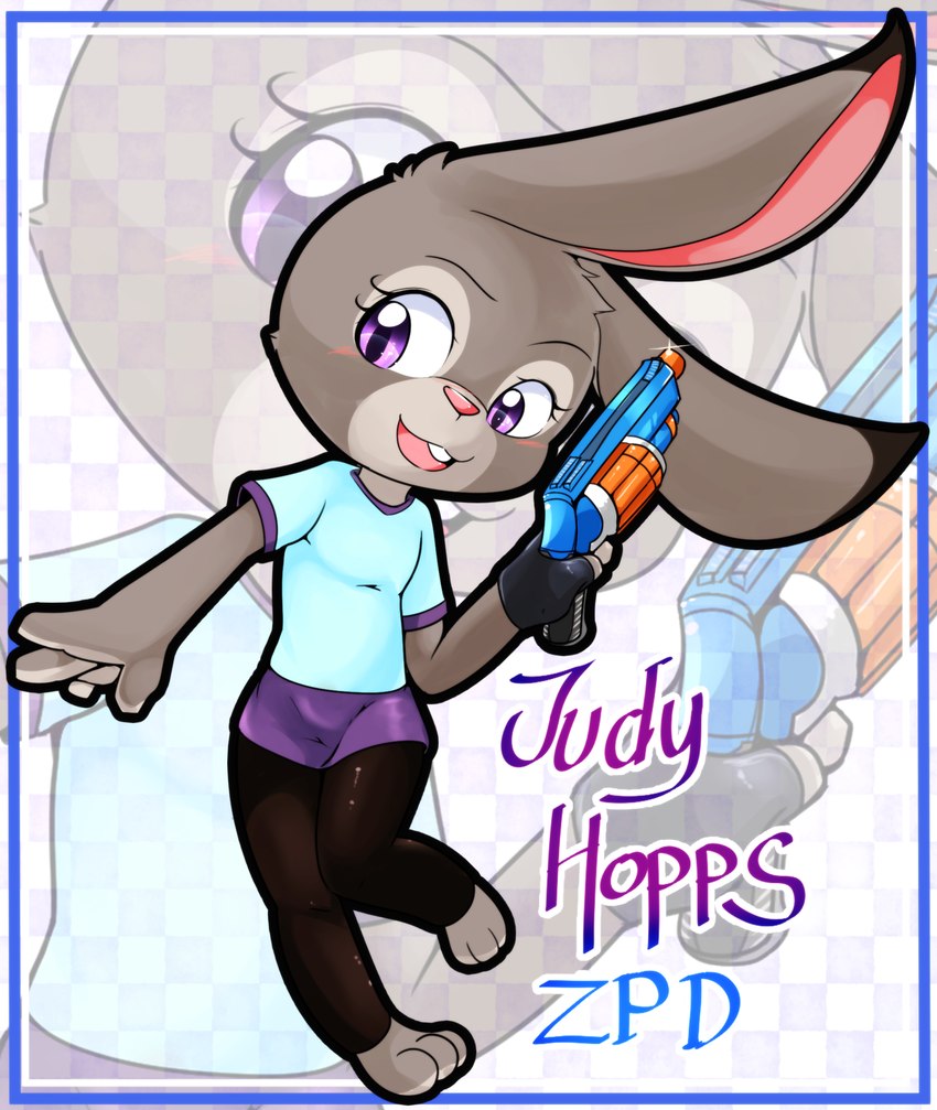 anthro blush bottomwear clothed clothing female gun leggings legwear looking_at_viewer open_mouth pants ranged_weapon shirt smile solo standing topwear weapon young young_anthro young_female clyndemoon disney zootopia judy_hopps lagomorph leporid mammal rabbit absurd_res hi_res