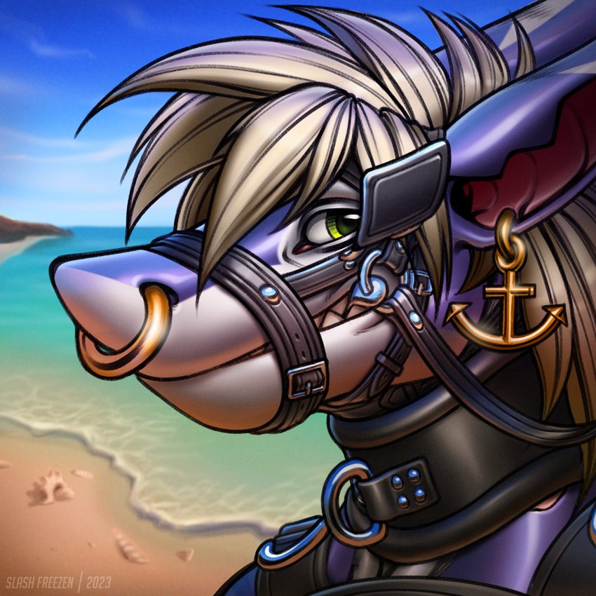 ambiguous_gender anthro bdsm beach black_collar blinders blonde_hair blue_sky bondage bound collar cuff_(restraint) ear_piercing ear_ring eyewear gag gills glistening glistening_eyes green_eyes hair leather leather_cuffs looking_at_viewer male muzzle_(object) muzzled neck_gills outside piercing purple_body red_gills restrained restraints ring_piercing seaside sky solo submissive submissive_male thick_collar white_body slash_freezen raditas fish marine shark 1:1 bust_portrait portrait