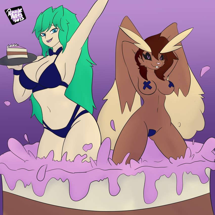 anthro blue_clothing blue_underwear breasts brown_body brown_fur cake clothing crotch_tape dessert duo female food fur green_hair hair lingerie pasties pop_out_cake stripper underwear yellow_body yellow_fur fthesalt rhode_arts nintendo pokemon generation_4_pokemon human lopunny mammal pokemon_(species) 1:1 absurd_res hi_res