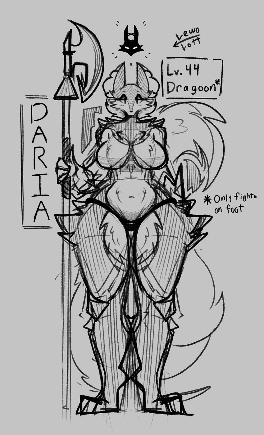 anthro belly big_breasts bottomwear breasts clothing female gameplay_mechanics halberd loincloth melee_weapon navel polearm solo stat_display text warrior weapon wide_hips lewolott canid canine fox mammal english_text hi_res monochrome