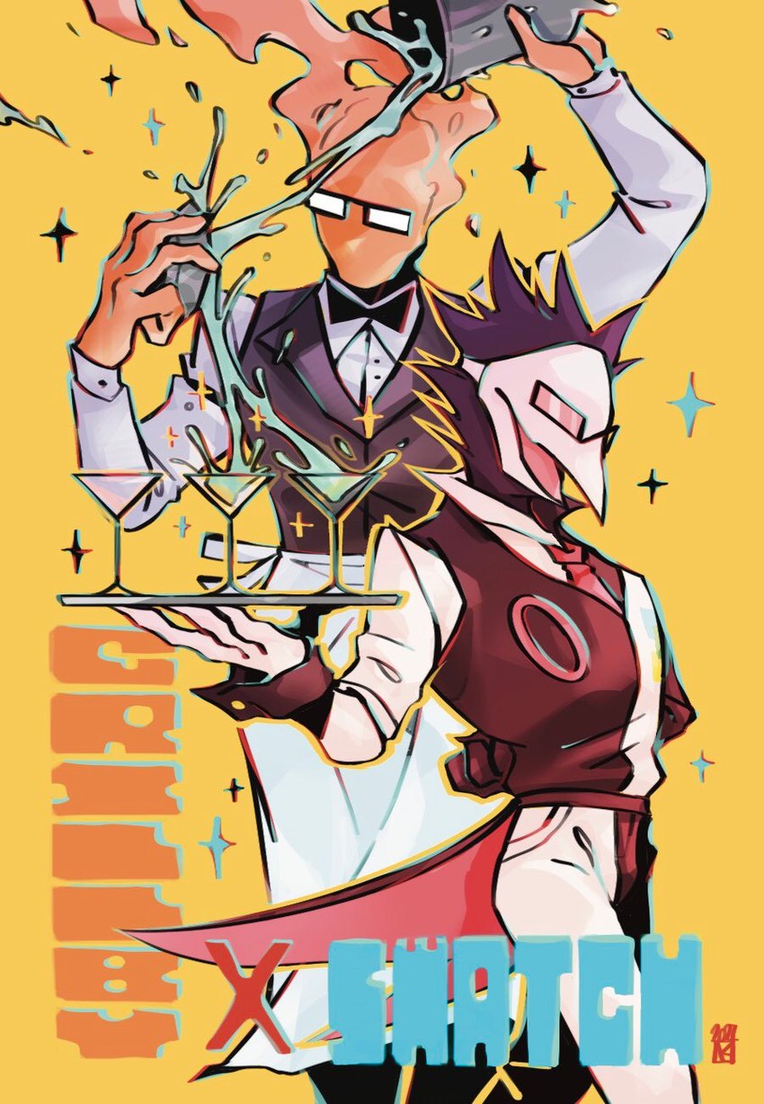 alcohol bartender bartending beverage black_body black_feathers bow_tie clothed clothing cocktail_glass cocktail_shaker container cup drinking_glass duo eyewear feathers fire glass glass_container glass_cup glasses male necktie serving_tray sparkles y2k_(graphic_design) qgirl222266_k deltarune undertale undertale_(series) grillby swatch_(deltarune) avian darkner elemental_creature elemental_humanoid fire_creature fire_humanoid humanoid swatchling hi_res