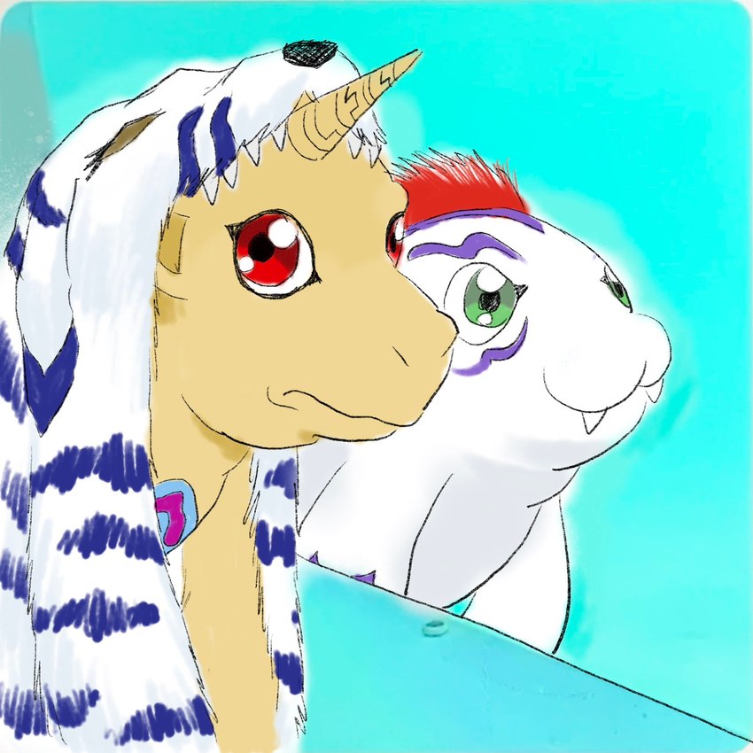 :3 ambiguous_gender animal_skin anthro cute_fangs duo fangs fur green_eyes hair horn red_eyes red_hair smile striped_body striped_fur stripes teeth white_body white_fur yellow_body kokofuyu148655 bandai_namco digimon digimon_(species) gabumon gomamon 1:1 hi_res