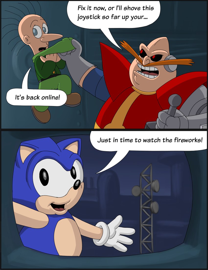 angry anthro city computer_monitor computer_screen dialogue dystopian joystick male radio_tower red_eyes robotic_arm text omatic sega sonic_the_hedgehog_(comics) sonic_the_hedgehog_(satam) sonic_the_hedgehog_(series) julian_robotnik snively_robotnik_(sonic) sonic_the_hedgehog eulipotyphlan hedgehog human mammal absurd_res comic english_text hi_res