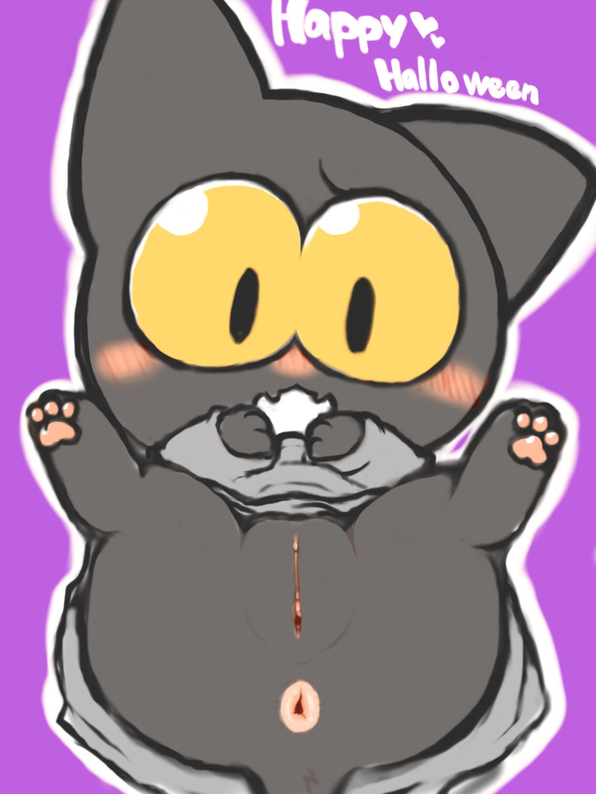 anthro anus blush bottomless clothed clothing cute_fangs fangs female genitals purple_background pussy simple_background solo teeth yellow_sclera diru google google_doodle magic_cat_academy momo_(google) felid mammal 3:4 hi_res