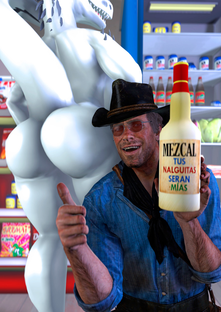 alcohol anthro appliance beverage big_butt butt clothing commercial_fridge cowboy duo female fridge kitchen_appliance male male/female parody presenting presenting_hindquarters raised_tail smile spikes store tail text yiezzas jurassic_park jurassic_world luisito_comunica red_dead_(series) rockstar_games universal_studios arthur_morgan fan_character yuki_(evov1) yukiminus_rex_(evov1) dinosaur hybrid indominus_rex prehistoric_species reptile scalie theropod 3d_(artwork) digital_media_(artwork) hi_res source_filmmaker_(artwork) spanish_text