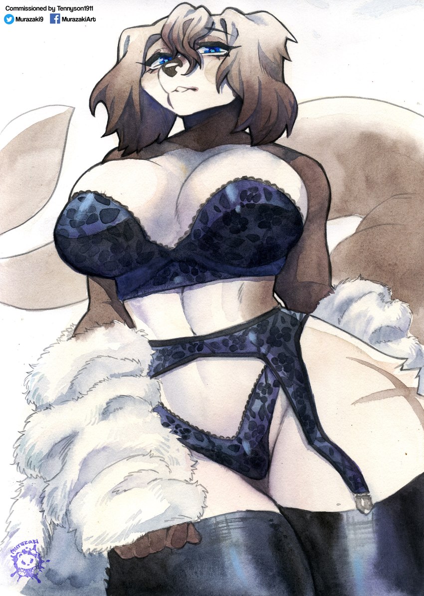 anthro big_breasts blue_eyes bra breasts cleavage clothed clothed_anthro clothed_female clothing female garter_belt garter_straps legwear panties solo thick_thighs thigh_highs underwear wide_hips murazaki canid canine canis cetacean domestic_dog hybrid mammal marine toothed_whale absurd_res hi_res traditional_media_(artwork)