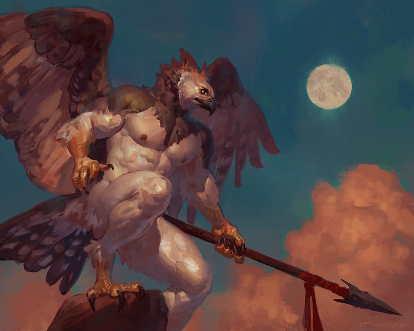 anthro avian_feet back_wings beak biceps black_beak cloud feathered_wings feathers feet full_moon holding_melee_weapon holding_object holding_polearm holding_spear holding_weapon looking_forward male melee_weapon moon muscular muscular_anthro nipples non-mammal_nipples nude nude_anthro pecs polearm realistic scuted_arms scuted_legs scutes solo spear tail tail_feathers talon_hands talons toes vein veiny_arms veiny_muscles weapon wings yellow_scutes taran_fiddler weretober weretober2024 accipitrid accipitriform avian bird eagle harpy_eagle wereavian werebird werecreature wereeagle 2024 5:4 digital_media_(artwork) hi_res signature