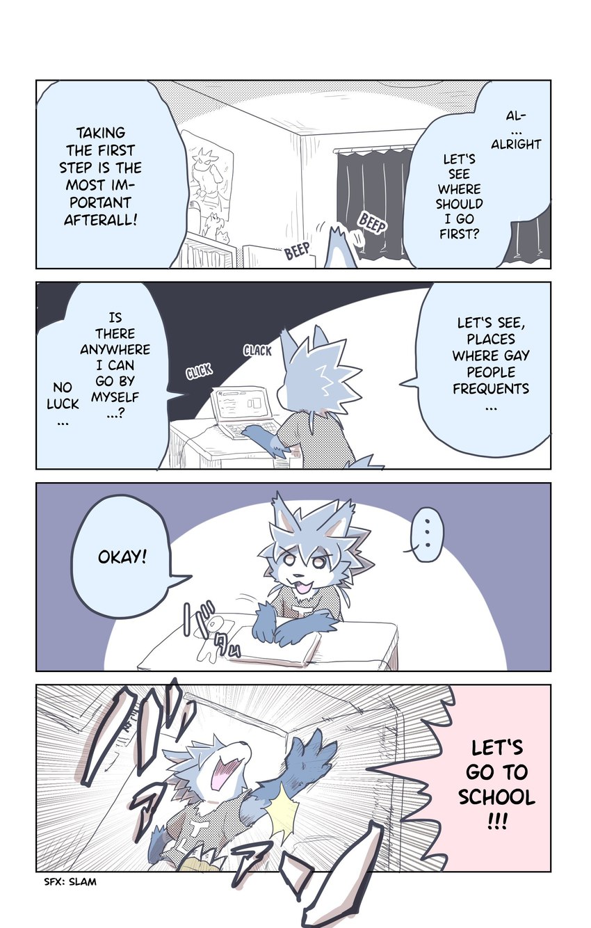 anthro chibi computer electronics happy laptop male smile text brown_tail_(artist) third-party_edit aranami_kujira canid canine mammal absurd_res comic english_text hard_translated hi_res translated translation_edit