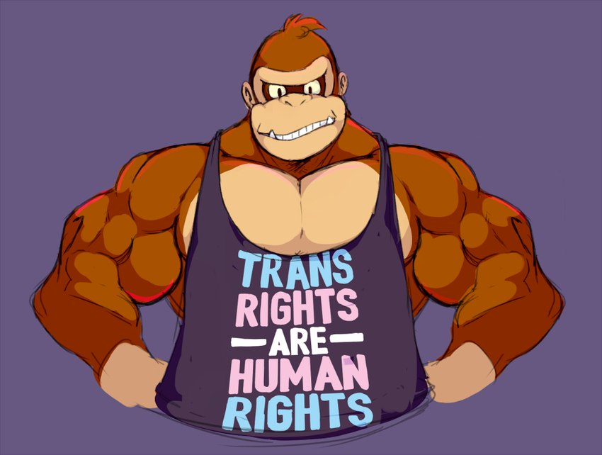 anthro biceps black_eyes brown_body brown_fur clothing fur hands_on_hips head_tuft lgbt_pride looking_at_viewer male muscular muscular_male pecs positive_message pride_colors purple_background shirt simple_background solo tan_body tank_top text text_on_clothing text_on_shirt text_on_topwear topwear transgender_pride_colors tuft underbite wkd donkey_kong_(series) hbomberguy hbomberguy_dk64_charity_stream nintendo donkey_kong_(character) ape gorilla haplorhine mammal primate 2019 digital_media_(artwork) english_text half-length_portrait lol_comments portrait