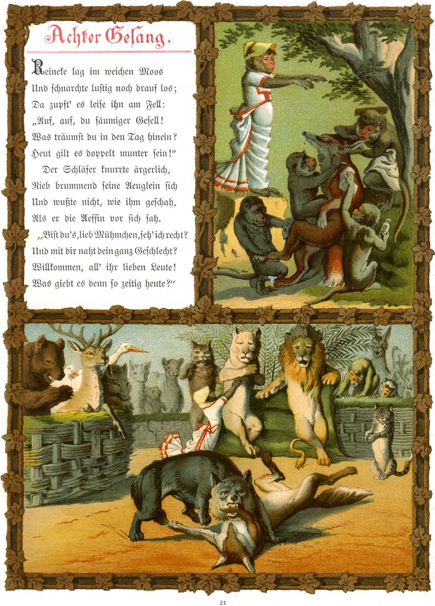 ambiguous_gender anthro antlers audience barefoot bottle clothed clothing container duel featureless_crotch feet female fur group headgear headwear holding_bottle holding_container holding_object horn king male nude outside pawpads paws plant red_body red_fur royalty text tree white_body white_fur worried fedor_flinzer public_domain baucent brichemer bruin_(reynard_cycle) king_noble queen_fiere reynard_the_fox tibert ysengrin avian bird canid canine canis felid fox haplorhine lion mammal monkey pantherine primate red_fox suine true_fox wolf 1881 19th_century absurd_res ancient_art german_text hi_res traditional_media_(artwork)