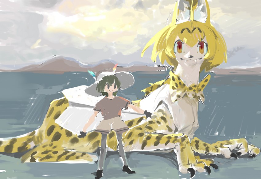 clothed clothed_feral clothing duo female feral feralized hat headgear headwear young perokisu kemono_friends kaban-chan serval-chan felid feline human mammal serval