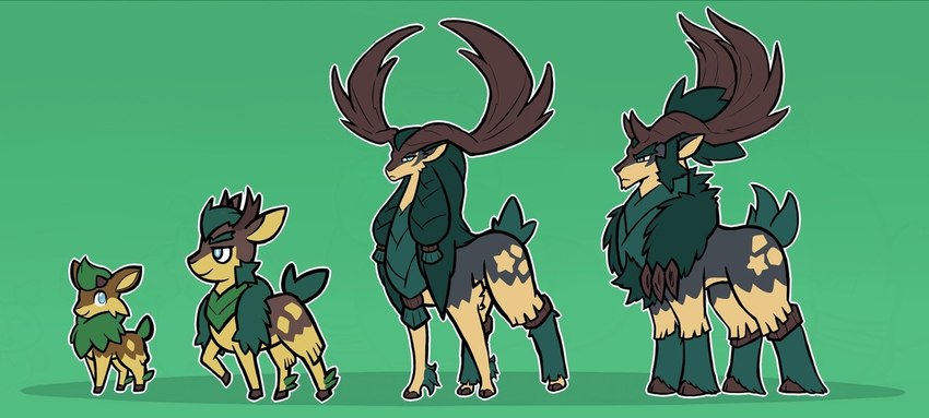 ambiguous_gender anthro antlers brown_body evolutionary_family female fur green_body green_fur group horn male gharug nintendo pokemon pokemon_reloaded ceriden_(pokemon) galocero iriden pokemon_(species)