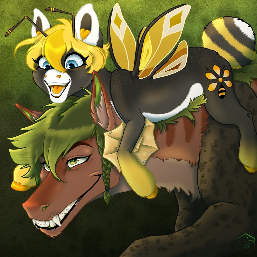 antennae_(anatomy) belly black_body black_fur blonde_hair blue_eyes brown_body brown_fur curved_horn cutie_mark duo female feral fur green_background green_hair hair horn insect_wings male open_mouth riding simple_background smile teeth teeth_showing tongue white_belly white_body wings bumblewish_(artist) friendship_is_magic hasbro my_little_pony mythology bumble_(bumblewish) fan_character arthropod bee bee_pony dragon earth_pony equid equine furred_dragon furred_scalie horse hybrid hymenopteran insect mammal mythological_creature mythological_equine mythological_scalie pegasus pony scalie 1:1 2021 digital_media_(artwork) hi_res watermark