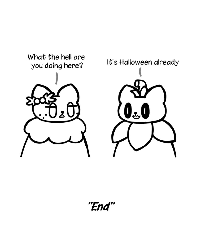 ambiguous_gender chest_tuft comic_panel dialogue duo female feral for_a_head freckles holidays pumkin pumpkin_head text tuft minigoat halloween junipurr pumkat domestic_cat felid feline felis mammal object_head black_and_white comic english_text hi_res monochrome