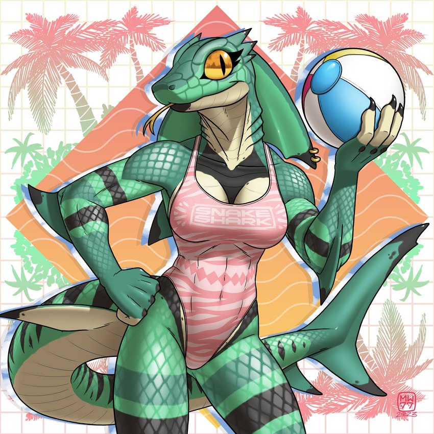 anthro athletic ball biped breasts claws clothed clothing countershade_face countershade_neck countershade_tail countershading female fin fingers forked_tongue front_view green_body green_scales holding_object medium_breasts navel navel_outline non-mammal_breasts one-piece_swimsuit pupils scales slit_pupils solo swimwear tail tail_fin text text_on_clothing three-quarter_view tongue tongue_out megawolf77 cc-by-nc creative_commons fish hybrid marine reptile scalie shark snake 1:1 2023 absurd_res dated digital_media_(artwork) english_text hi_res portrait shaded three-quarter_portrait