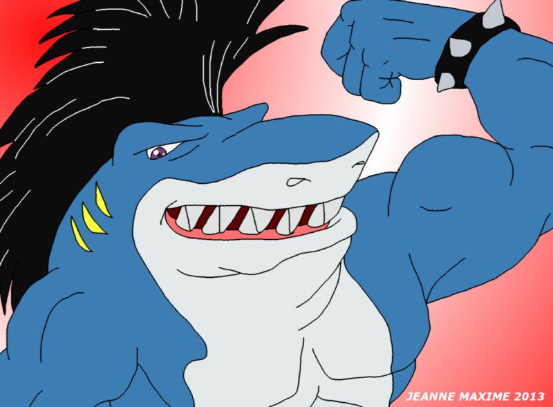 abs anthro biceps black_hair blue_body blue_skin clothed clothing fangs flexing hair looking_at_viewer male muscular muscular_anthro muscular_male pecs pose purple_eyes solo teeth topless white_body white_skin wristband maxime-jeanne street_sharks rox_(street_sharks) fish marine shark 2013