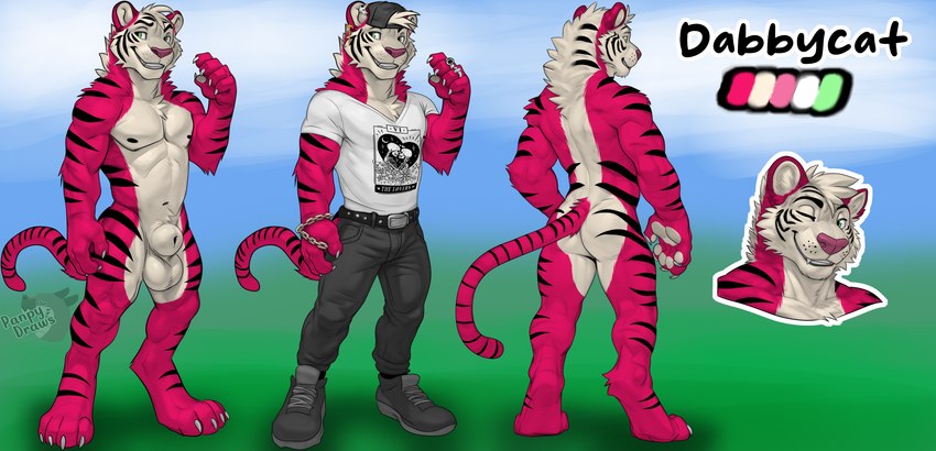 animal_genitalia anthro backwards_baseball_cap backwards_hat baseball_cap bottomwear clothing footwear genitals hat headgear headwear male one_eye_closed pants paws sheath shirt shoes solo topwear wink panpy_draws dabbycat felid mammal pantherine tiger hi_res model_sheet