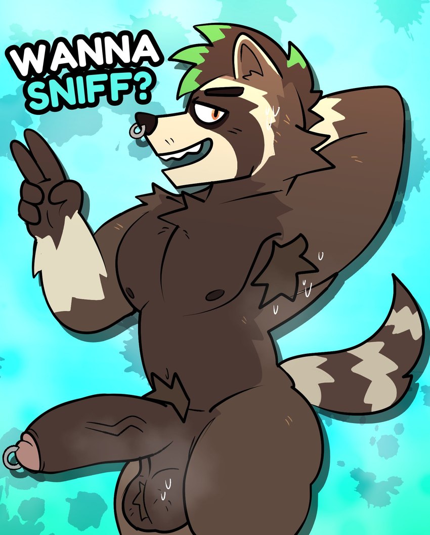 anthro areola armpit_hair balls barazoku big_balls big_penis blue_background bodily_fluids body_hair dialogue erection eyebrows facial_piercing foreskin fur genital_piercing genitals gesture glans hair hand_behind_head hand_gesture humanoid_genitalia humanoid_penis inviting looking_at_viewer male mohawk muscular muscular_anthro muscular_male musk narrowed_eyes navel nipples nose_piercing nose_ring nude open_mouth open_smile pecs penis penis_piercing piercing prince_albert_piercing pubes ring_piercing shadow simple_background smile solo standing sweat talking_to_viewer teeth text thick_penis toony tuft unretracted_foreskin v_sign vein janjauwu epic_games fortnite rufus_(fortnite) mammal procyonid raccoon 2025 english_text hi_res