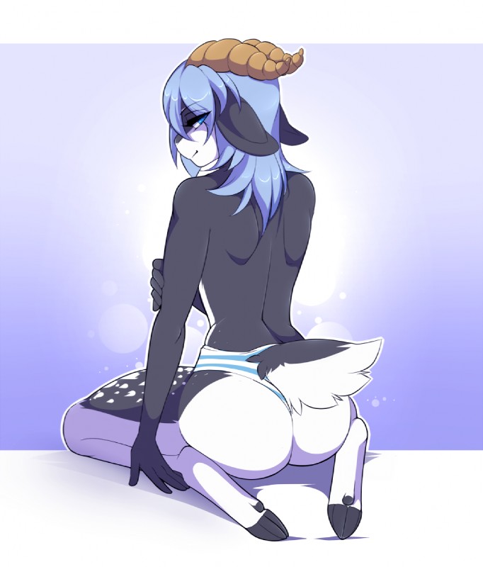 ambiguous_gender anthro biped blue_eyes blue_hair bottomwear butt butt_pose clothed clothing fur grey_body grey_fur hair hooves horn kneeling looking_at_viewer looking_back panties pants pose solo topless underwear white_body white_fur here-kitty-kitty kara_(trippledot) bovid caprine goat mammal digital_media_(artwork)