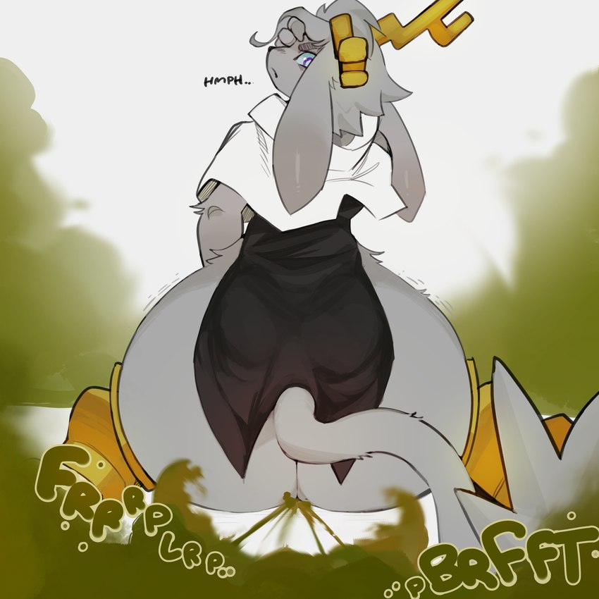 anthro antlers big_butt bottomless butt clothed clothing fart fart_cloud fart_fetish farting_at_viewer female gas gassy hmph horn looking_at_viewer looking_back onomatopoeia sitting solo sound_effects tail text topwear lichee pseudoregalia sybil_(pseudoregalia) bovid caprine goat hybrid lagomorph leporid mammal rabbit 1:1 absurd_res hi_res