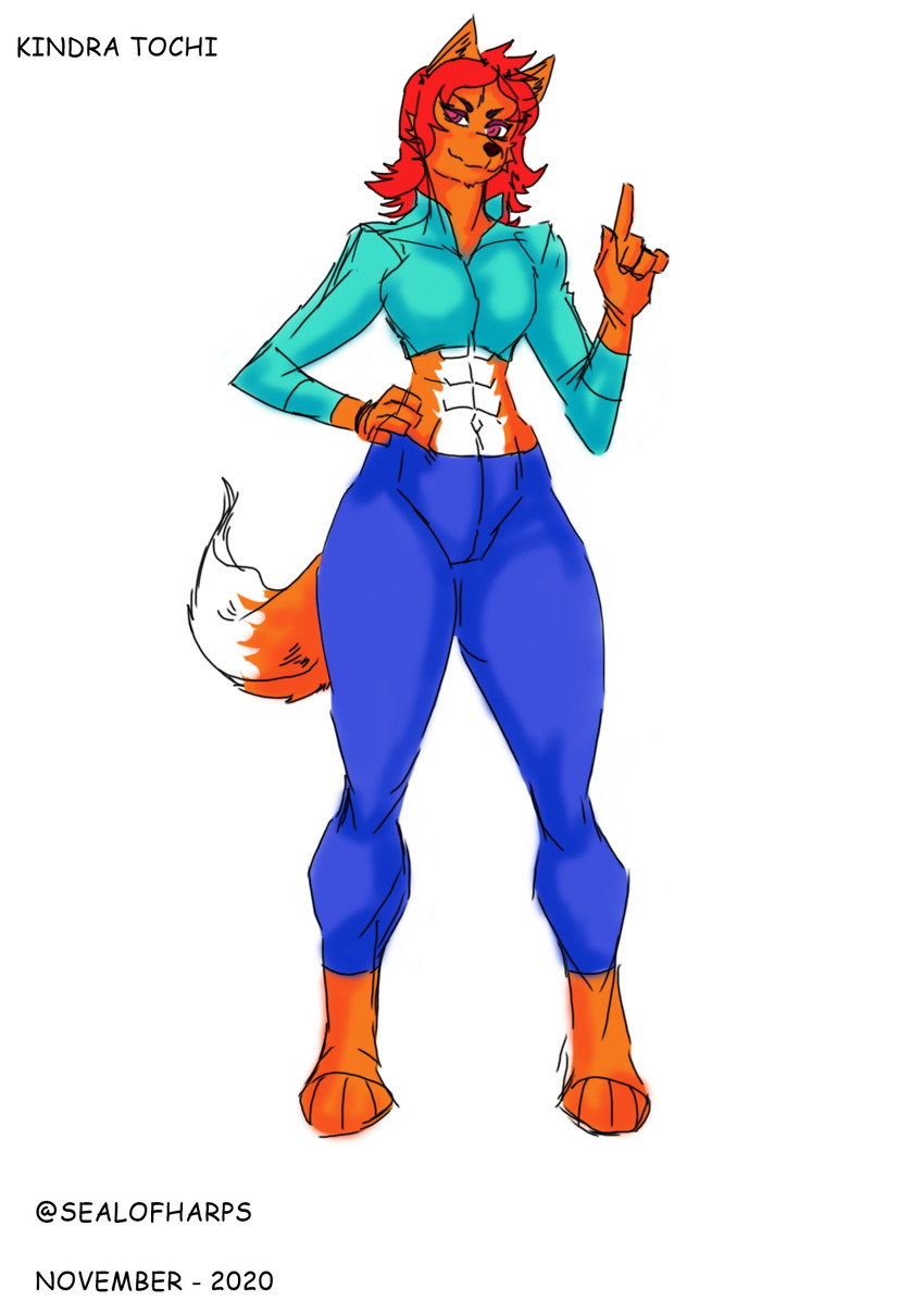 abs anthro barefoot bottomwear breasts clothing eyeshadow feet female gesture hand_gesture looking_at_viewer makeup pants pointing purple_eyes purple_eyeshadow red_eyes small_ears solo stare tall thick_thighs wide_hips yoga_pants harpseal kindra_tochi canid canine fox mammal hi_res