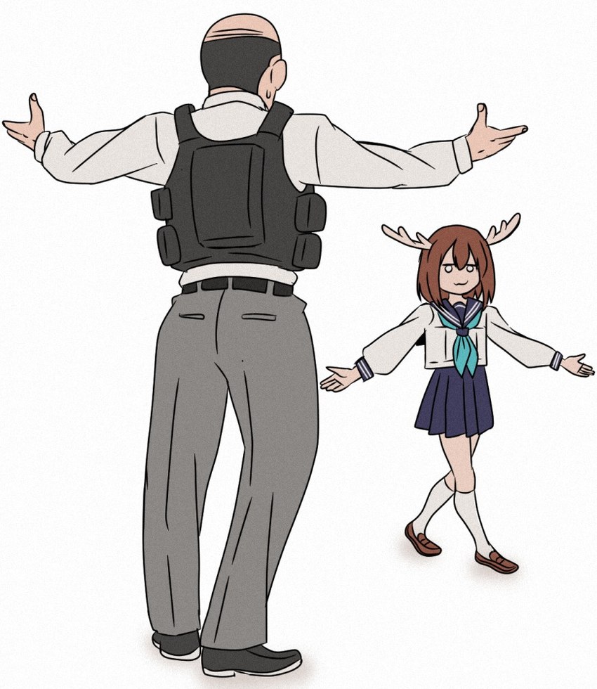 antlers ascot balding bottomwear bulletproof_vest clothed clothing come_at_me_bro duo female hair horn imminent_death imminent_fight male necktie principal school_uniform simple_background skirt standoff uniform white_background la_greko17 my_deer_friend_nokotan nichijou noko_shikanoko principal_shinonome animal_humanoid cervine deer deer_humanoid human humanoid mammal mammal_humanoid sika_deer crossover