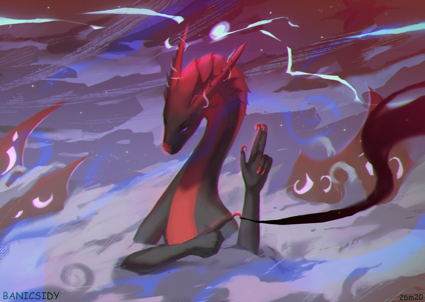 5_fingers ambiguous_gender anthro claws curved_claws electricity fingers fog glowing glowing_eyes grey_body horn long_neck nude red_body red_claws sky skyscape smile snow solo storm wind banicsidy mythology dragon mythological_creature mythological_scalie scalie digital_media_(artwork) digital_painting_(artwork) hi_res