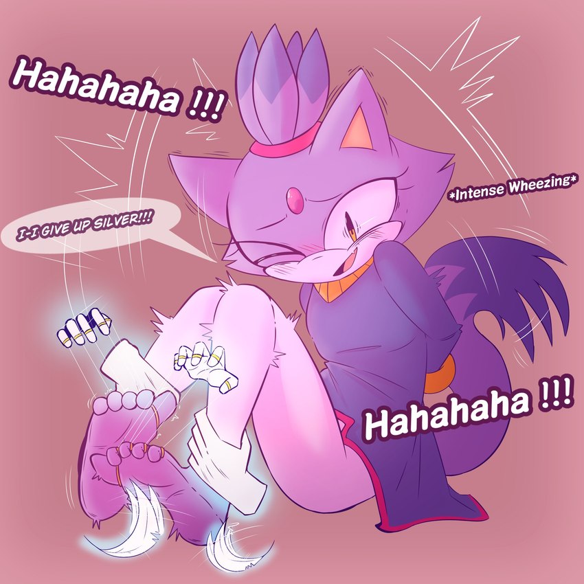 5_toes anthro barefoot clothed clothing feet female foot_fetish laugh one_eye_closed open_mouth purple_body soles text tickling tickling_feet toes dunce-leaf sega sonic_the_hedgehog_(series) blaze_the_cat domestic_cat felid feline felis mammal 1:1 hi_res