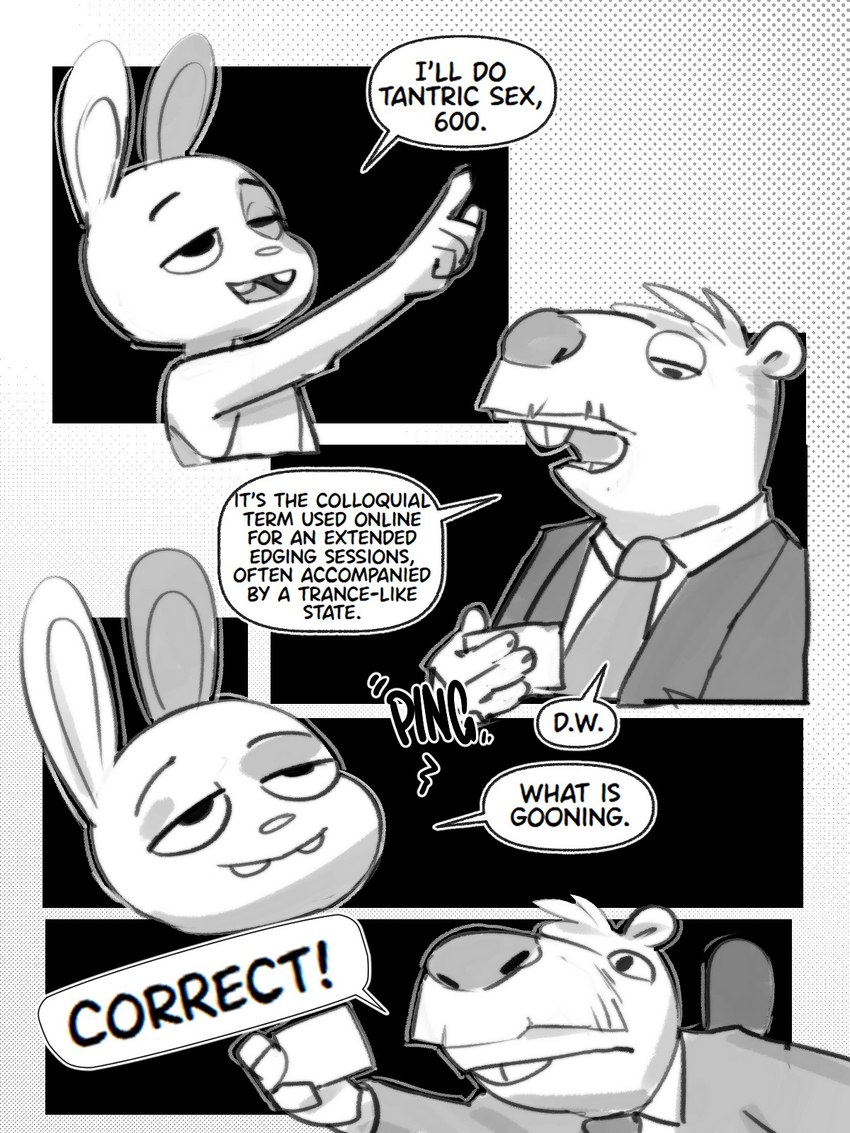 anthro black_tie_(suit) clothing dialogue duo explicit_text game_show game_show_contestant game_show_host male necktie suit text spincraze jeopardy! dumbwhore_(redic-nomad) beaver lagomorph leporid mammal rabbit rodent 2024 3:4 black_and_white comic english_text hi_res monochrome