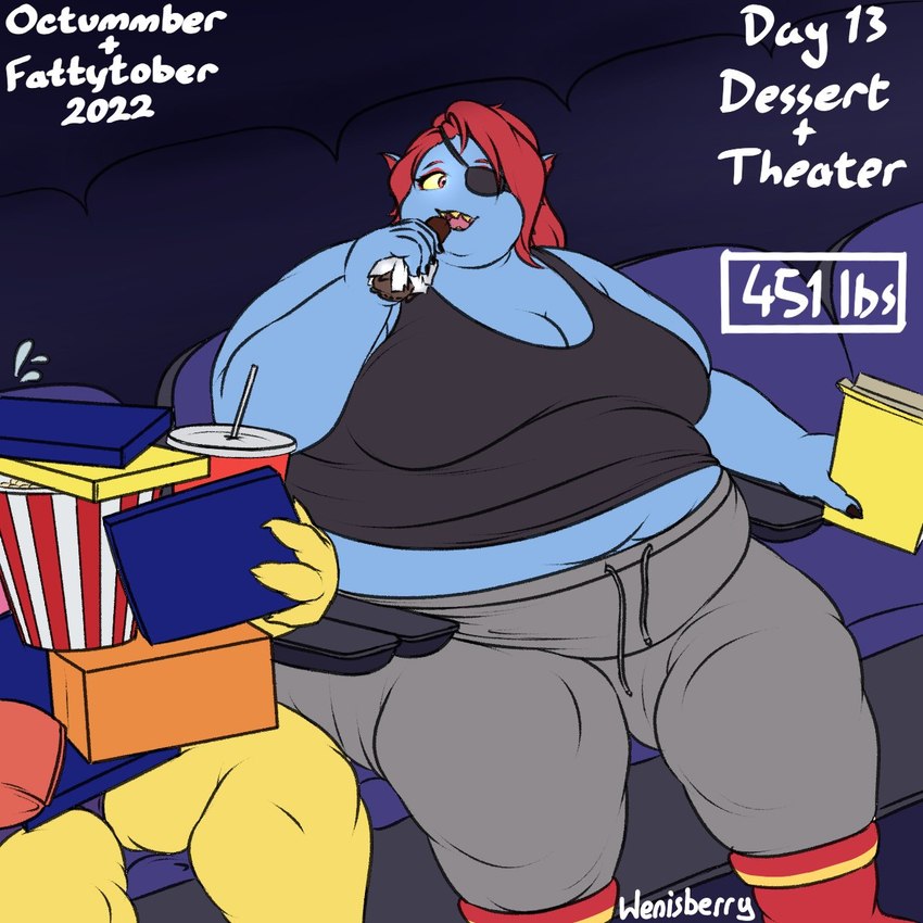 anthro beverage big_breasts blue_body blue_scales bodily_fluids boots bottomwear breasts candy chocolate clothing dessert duo eating eye_patch eyewear female food footwear hair movie_theater number obese obese_female overweight overweight_female pants ponytail popcorn red_eyes red_hair scales shirt shoes sitting soda sweat sweatdrop sweatpants tank_top text topwear weight_gain wenisberry undertale_(series) alphys undyne dinosaur fish marine prehistoric_species reptile scalie 1:1 hi_res signature