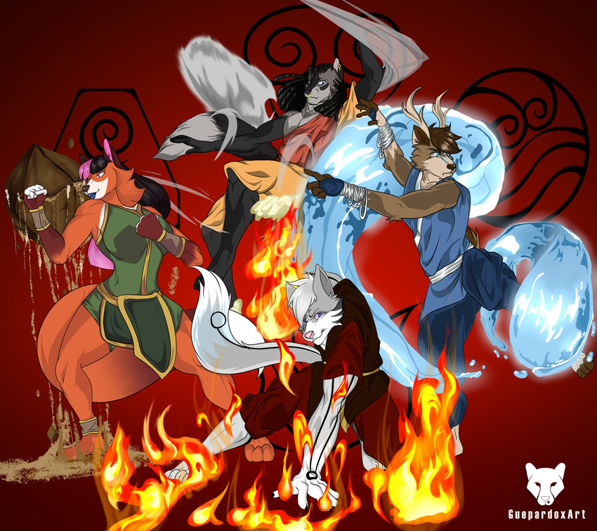 anthro clothing earth female fire group looking_at_another looking_at_viewer male planet simple_background water guepardoxart canid canine canis deer fox mammal wolf 2020 absurd_res hi_res