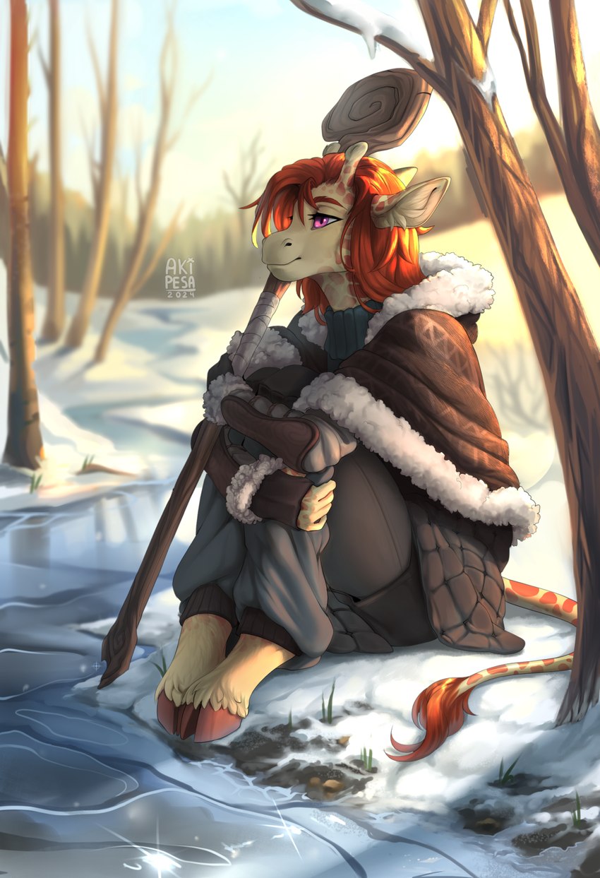 anthro clothing female fingerless_gloves gloves handwear hoodie hooves horn ice jacket plant river sitting sitting_on_ground snow solo staff topwear tree water winter winter_clothing winter_coat akipesa legend_of_ahya marle_talbender_(darkflamewolf) giraffe giraffid mammal 2024 digital_media_(artwork) digital_painting_(artwork) hi_res painting_(artwork)