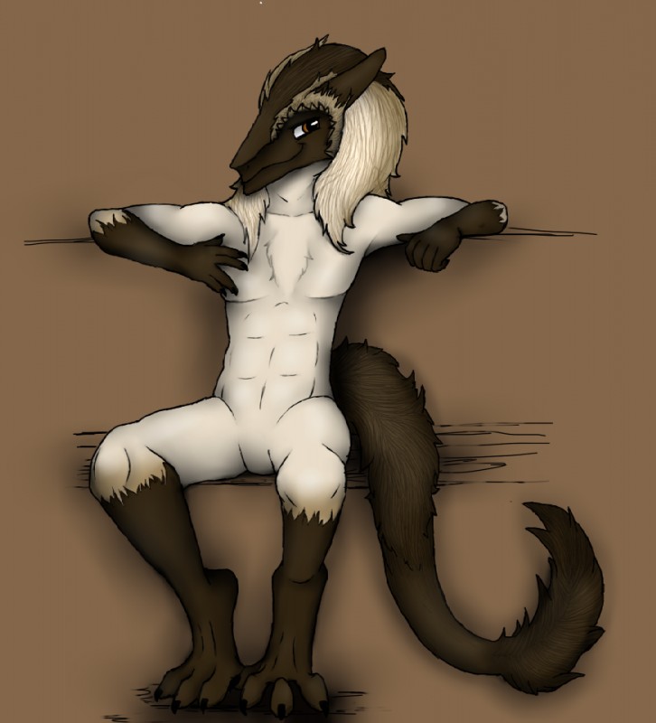 anthro belly brown_background brown_body brown_fur feet fur male muscular muscular_anthro muscular_male nude orange_eyes relaxing simple_background smile solo spread_legs spreading tail tan_body tan_fur zxara_amador sergal