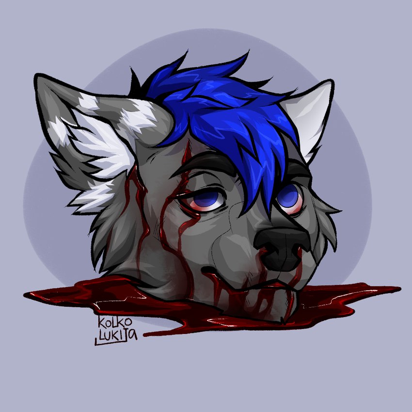 anthro blood blue_eyes blue_hair bodily_fluids corpse dead_eyes death decapitation gore grey_body hair macabre male nosebleed sad severed_body_part severed_head simple_background solo kolkolukija aero_x canid canine canis mammal wolf 1:1 headshot_portrait icon portrait signature