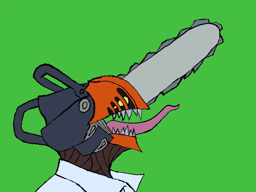 ambiguous_gender chainsaw clothed clothing collared_shirt green_background grey_teeth long_tongue open_mouth power_tool purple_tongue sharp_teeth shirt side_view simple_background solo tapering_tongue teeth tongue tongue_out tools topwear white_clothing white_shirt white_topwear savy_(artist) chainsaw_man denji_(chainsaw_man) humanoid object_humanoid 2022 4:3 digital_drawing_(artwork) digital_media_(artwork) firealpaca_(artwork) flat_colors headshot_portrait hi_res portrait