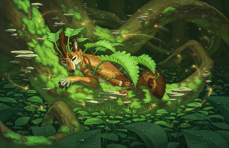 5_fingers anthro brown_body brown_feathers brown_fur day detailed_background feathered_wings feathers fingers forest fur male moss outside plant sleeping solo tree whiskers wings katie_hofgard nym_(katie_hofgard) alecani amphibian avian canid canine fox hybrid mammal salamander 2014 digital_media_(artwork)