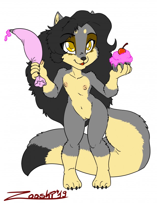 anthro areola cupcake female flat_chested fluffy fluffy_tail food frosting genitals nipples nude pussy solo standing tail young young_anthro zooshi zoosie canid canine canis mammal wolf absurd_res hi_res