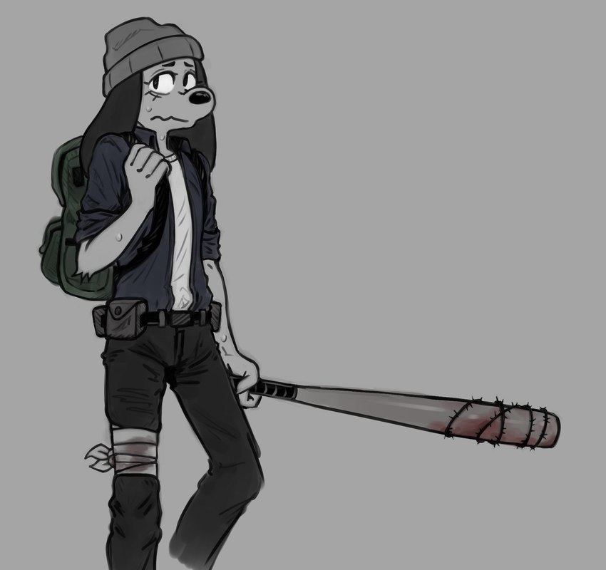 anthro backpack baseball_bat bat_(object) beanie blood blood_stain bodily_fluids clothing hat headgear headwear long_ears male solo puppynsfw puppy_(puppynsfw) canid canine canis domestic_dog mammal hi_res tagme