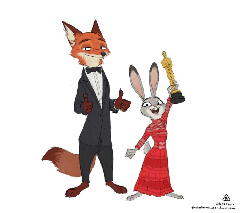 3_toes anthro award black_nose black_tie_(suit) bow_(feature) bow_tie claws clothed clothing dipstick_ears dipstick_tail dress duo ear_markings feet female fist fur gesture grey_body grey_fur hand_gesture holding_award holding_object holding_oscar_statuette long_ears looking_at_viewer male markings multicolored_ears multicolored_tail orange_body orange_fur oscar_statuette pink_nose simple_background standing suit tail tail_markings thumbs_up toes white_background thatotherwhaleoil disney zootopia judy_hopps nick_wilde canid canine fox lagomorph leporid mammal rabbit red_fox true_fox 2017 absurd_res hi_res signature