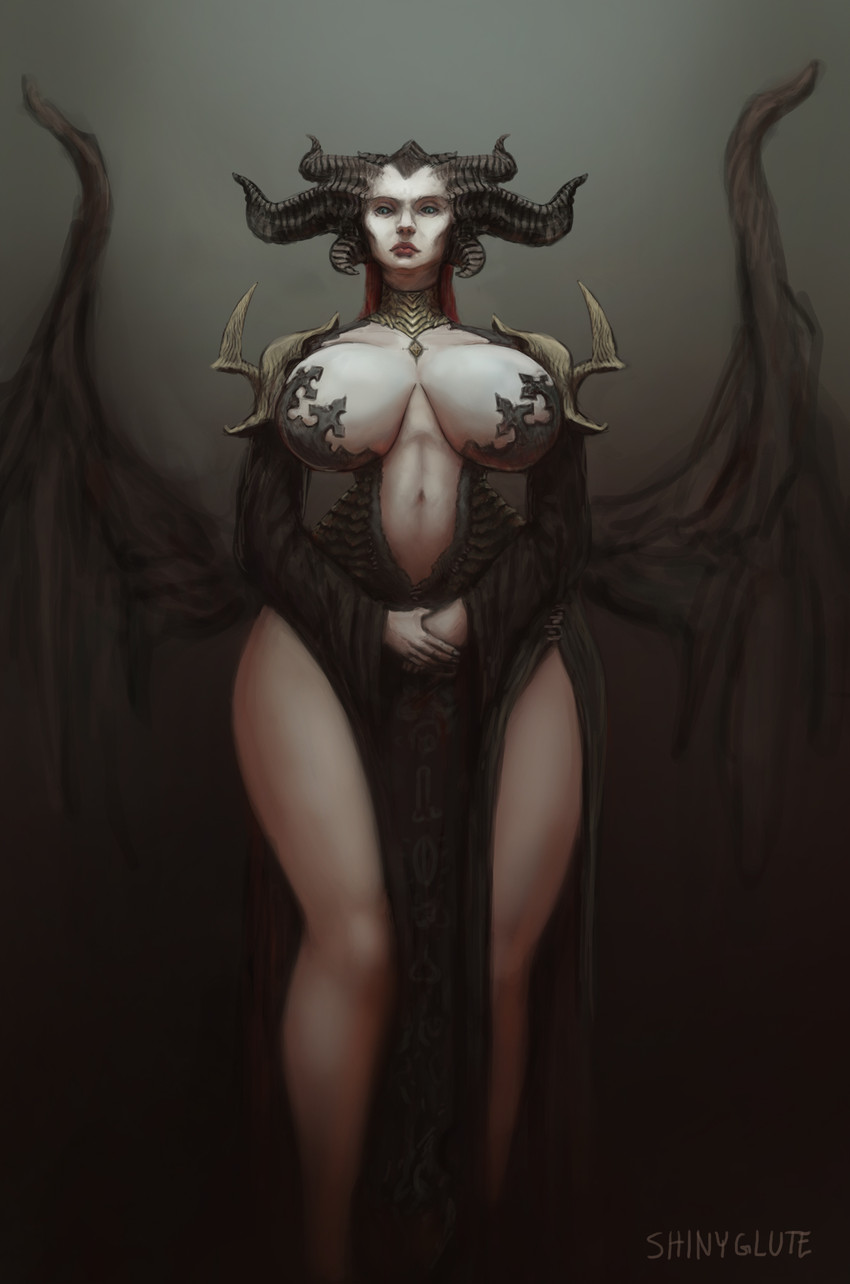 big_breasts black_horn blue_eyes breasts breasts_apart clasped_hands clothing female front_view horn light_body light_skin navel not_furry simple_background small_waist solo standing wide_hips wings shinyglute blizzard_entertainment diablo lilith_(diablo) demon humanoid 2019 digital_media_(artwork) hi_res portrait three-quarter_portrait