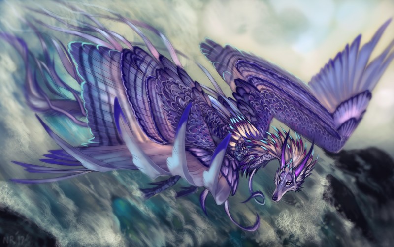 ambiguous_gender detailed_background feathered_wings feathers feral flying purple_body purple_eyes purple_feathers purple_nose solo water wings nukerooster feonix