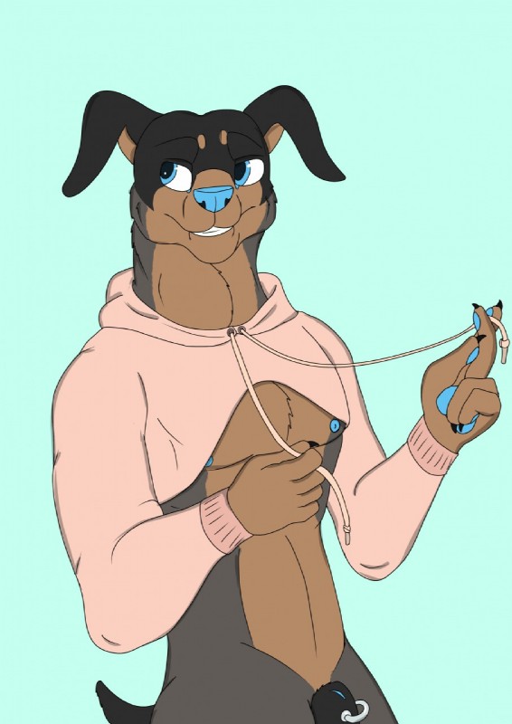 5_fingers animal_genitalia anthro belly blue_eyes blue_nipples blue_nose bottomless casual_exposure claws clothed clothing drawyourfursona fingers floppy_ears front_view furgonomics furry-specific_piercing genital_piercing genitals hoodie male mostly_nude nipples piercing pink_clothing pink_sweater pink_topwear sheath sheath_piercing solo sweater topwear twitter_hoodie toddavali meme_clothing canid canine mammal 2018 digital_drawing_(artwork) digital_media_(artwork) hi_res meme