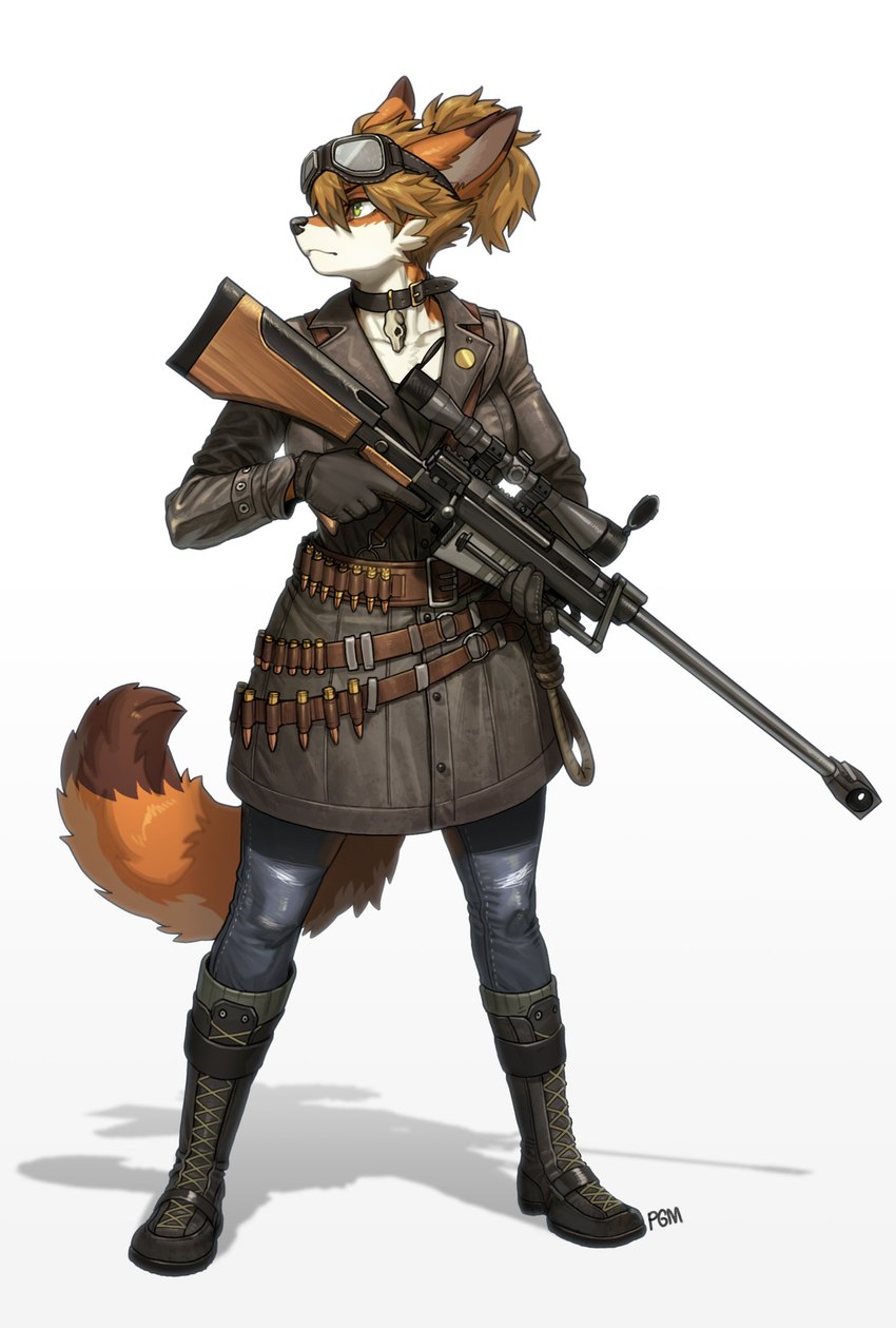 anthro anti-materiel_rifle anti_material_rifle belt boots bottomwear clothing coat collar dipstick_ears dipstick_tail ear_markings eyebrows eyelashes eyewear eyewear_on_head female footwear fur gloves goggles goggles_on_head green_eyes gun hair handwear holding_gun holding_object holding_ranged_weapon holding_weapon markings multicolored_ears orange_body orange_fur pants pgm_hecate_ii ponytail ranged_weapon rifle scope shoes short_hair simple_background solo standing tail tail_markings topwear weapon white_background white_body pgm300 fallout microsoft canid canine fox mammal 2023 absurd_res hi_res