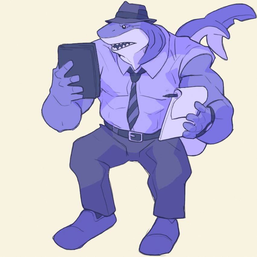 anthro clothed clothing fedora fully_clothed hat headgear headwear journalist male muscular muscular_male necktie simple_background white_background rickleone fish marine shark 1:1