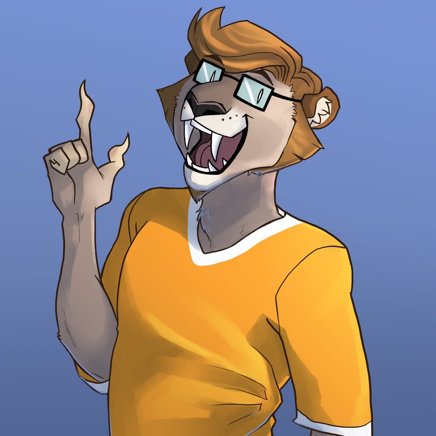 alternate_form alternate_species anthro brown_body brown_fur clothing eyebrows eyewear fangs fur furrification gesture glasses hand_gesture inner_ear_fluff looking_at_viewer male open_mouth raised_finger raised_index_finger sabertooth_(anatomy) shirt solo teeth tongue topwear tuft triptogames pngtuber saberspark vtuber saberspark_(character) felid mammal prehistoric_species saber-toothed_tiger 1:1 2021 absurd_res hi_res